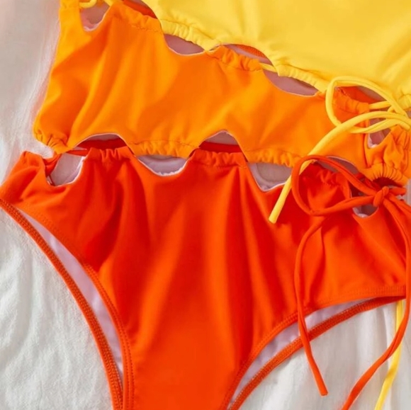 NEW Shein Sherbet Sunset ColorBlock Lace-Up Cut-Out 1 Piece Bathing Swim Suit 6M - Picture 6 of 8